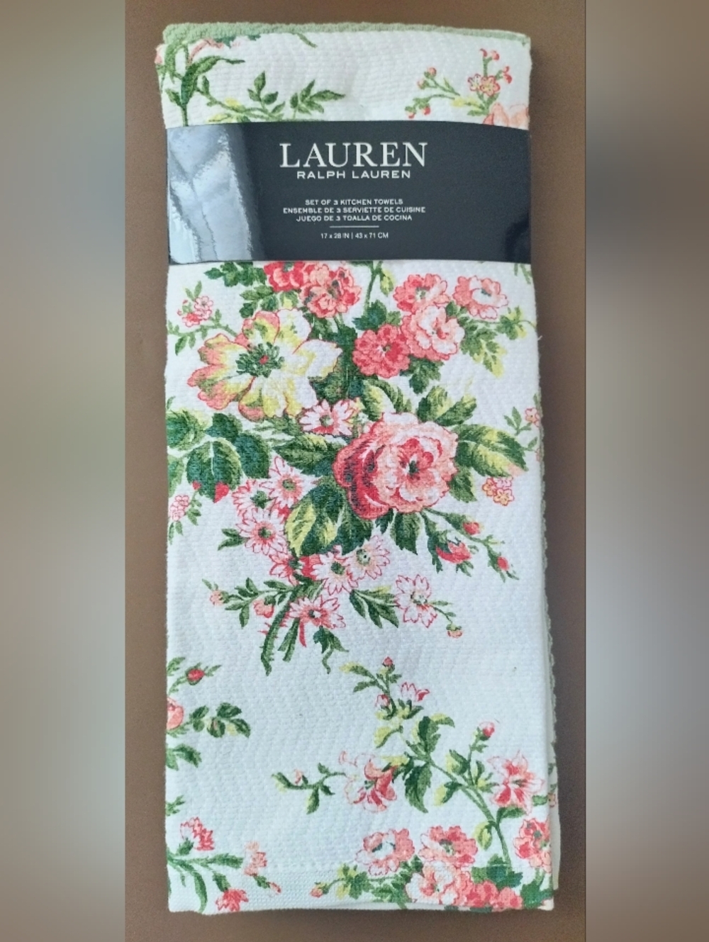 Ralph Lauren Kitchen Towel Set of 3 Pink Rose Flower Farmhouse Floral Cotton